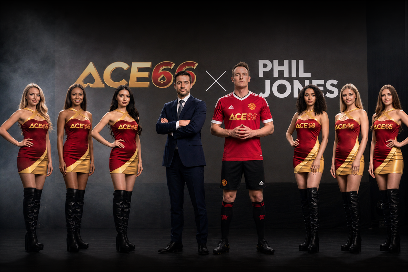 ACE66 x Phil Jones official global partnership hero banner featuring the brand ambassador and ACE66 representatives